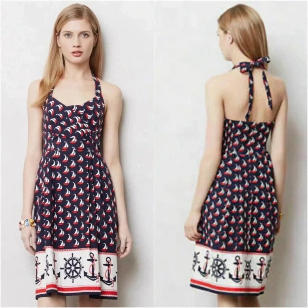 Anthropologie Postmark Windward Sailboats Halter Dress Cotton Women's US 4